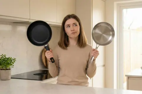 Une femme hésite entre une poêle en fonte et une poêle en inox. Quel ustensile représente un poêle en fonte danger ?
