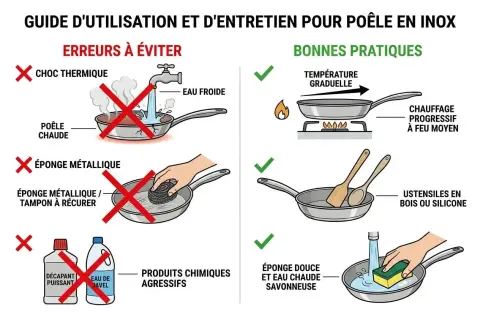 Guide d'utilisation poêle inox : éviter choc thermique, éponge métallique, produits agressifs. Danger ! Privilégier chauffe progressive, ustensiles bois/silicone, nettoyage doux.
