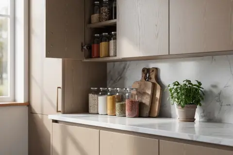 Des bocaux en verre remplis de grains et de légumineuses, parfaits pour organiser sa cuisine. Deux planches à découper en bois et une plante verte complètent la scène.