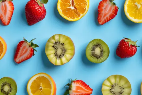 Fraises, kiwis et oranges coupés en deux, disposés en rangées sur un fond bleu. Un assortiment de fruit en p.