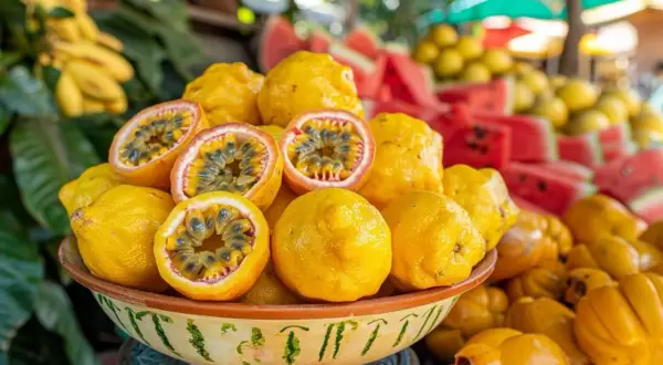Un bol rempli de fruits jaunes, dont des fruits de la passion coupés révélant leur pulpe juteuse. Derrière, des pastèques et d'autres fruits en y.