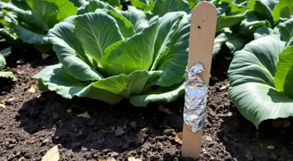 Un piquet en bois avec du papier aluminium pour un traitement naturel contre les pucerons sur des choux verts.
