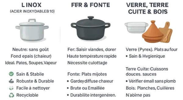 Comparaison de ustensiles de cuisine : inox, fer/fonte, verre/terre cuite/bois pour savoir quel moule choisir sans danger.