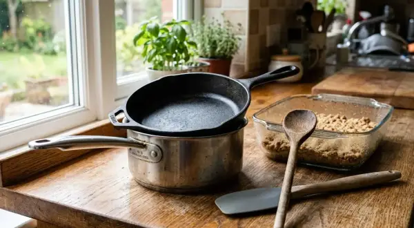 Un type de casserole en fonte repose sur une casserole en acier inoxydable. Une spatule et une cuillère en bois sont à côté d'un plat en verre rempli d'ingrédients.