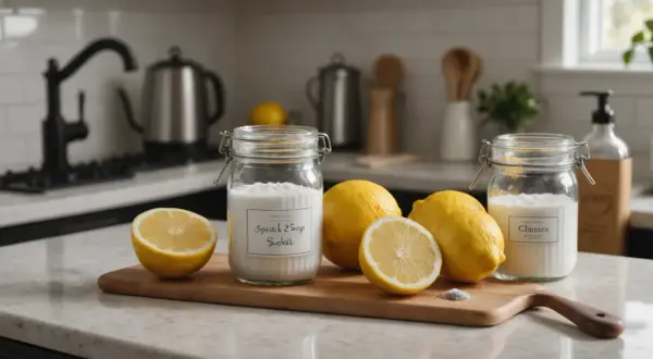 Sur un plan de travail, des citrons et des bocaux de mélange savon noir et bicarbonate de soude, prêts pour un nettoyage naturel.