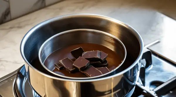Chocolat noir en morceaux fondant doucement dans un bain-marie eau chaude.