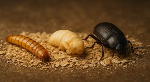 Un ver de farine, une nymphe et un scarabée adulte sur un lit de miettes. Le cycle de vie du ver de farine dans la maison.
