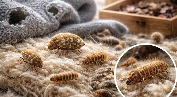 Insectes nuisibles dans la maison : des larves et des adultes de dermestes sur un tapis de laine, causant des dégâts.