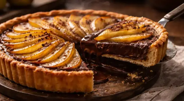 Une part de tarte poire chocolat dégouline de ganache onctueuse, surmontée de fines lamelles de poire caramélisées.