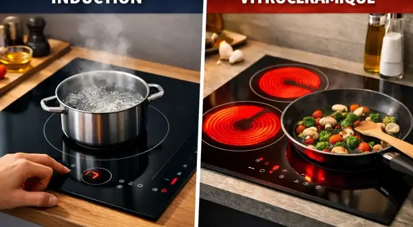 Comparaison : une plaque à induction avec une casserole d'eau bouillante et une plaque vitrocéramique avec une poêle de légumes. Découvrez comment fonctionne une plaque vitrocéramique.