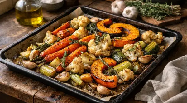 Plateau de légumes rôtis : carottes, courge, chou-fleur, courgettes et ail, parfaits pour une recette avec des légumes frais.
