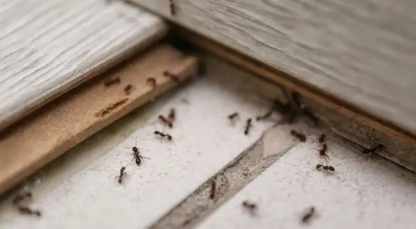 Des fourmis sur le sol, un signe qu'il faut savoir comment se débarrasser des fourmis.