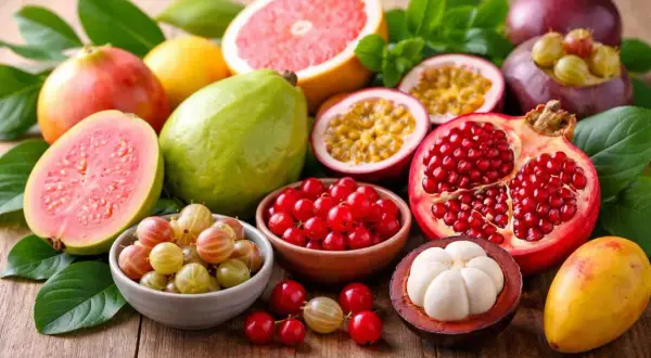 Un assortiment coloré de fruits frais, dont une grenade éclatée, des fruits de la passion, des goyaves et des groseilles, forme un festin visuel.