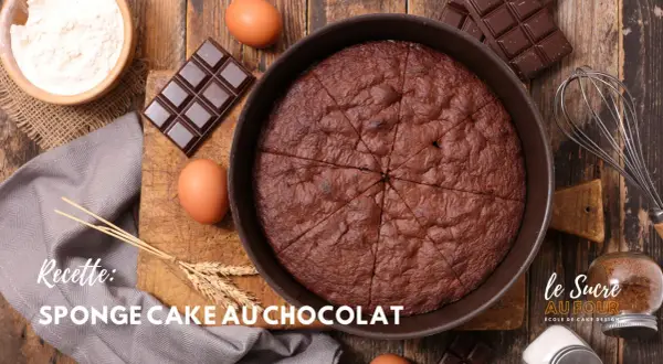 Un gâteau au chocolat tout juste sorti du four, prêt à être dégusté. Les ingrédients pour sa cuisson sont disposés autour : œufs, chocolat, farine.