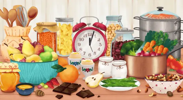 Un joyeux assortiment de fruits et légumes en vrac, avec du miel, des œufs, des noix et des ustensiles de cuisine.