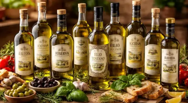 Plusieurs bouteilles d'huile d'olive, accompagnées d'olives, d'ail, de pain et d'herbes, suggèrent quelle est la meilleure huile d'olive pour sublimer ces saveurs.