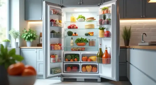 Réfrigérateur bien rempli de fruits et légumes frais, un gage de bonne durée de vie frigo et d'une alimentation saine.