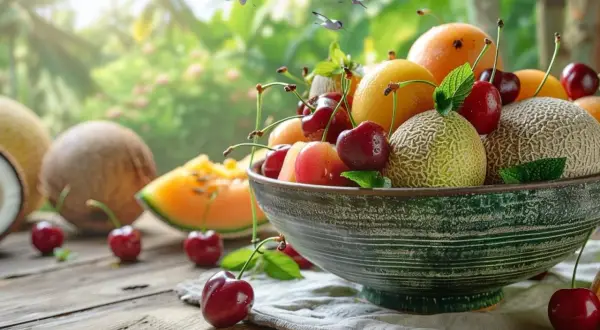 Un bol rempli de fruit en c, cerises, melons, abricots et citrons, sur une table en bois avec un fond tropical.