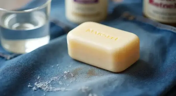 Une tache sur pantalon de jean, avec du savon et du bicarbonate de soude pour la nettoyer.
