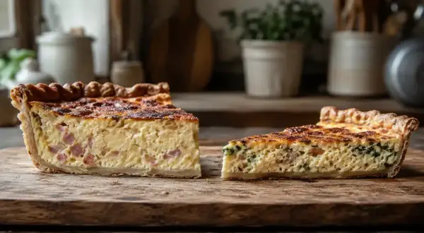 Deux parts de quiche lorraine, garnies de lardons et d'une touche d'épinards, reposent sur une planche en bois rustique.