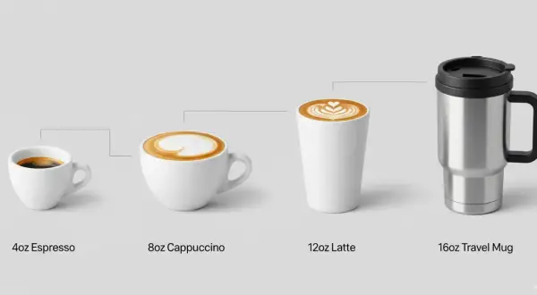 Comparaison de la taille tasse à café : espresso, cappuccino, latte et mug de voyage.