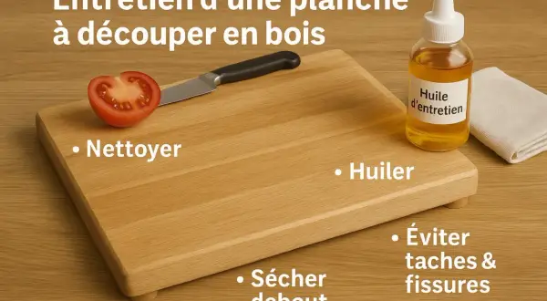 Planche à découper en bois avec une tomate et un couteau. Le texte indique comment nettoyer, huiler et sécher la planche pour éviter taches et fissures.