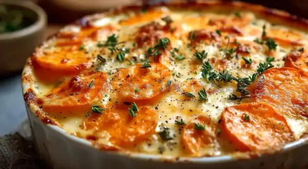 Un délicieux gratin de patates douces au four, doré et gratiné, garni de thym frais et de poivre noir.