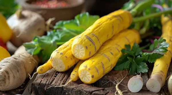 Trois longs légumes jaunes, ressemblant à des carottes rayées, sont posés sur une planche en bois. Un autre légume en y est coupé en deux.