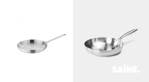 Deux poêles en aluminium, idéales pour une cuisine santé. L'une est vue de dessus, l'autre de côté avec le logo SAINE.