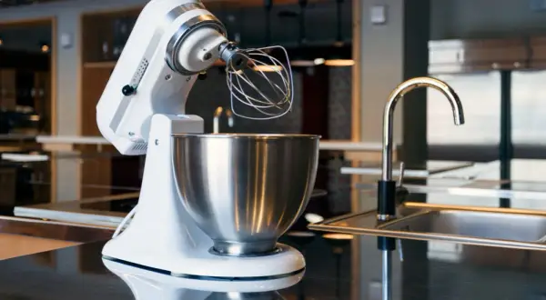 Robot pâtissier blanc prêt à fouetter, pétrir et mélanger. Il sert à faciliter toutes vos préparations culinaires, des gâteaux aux pâtes.