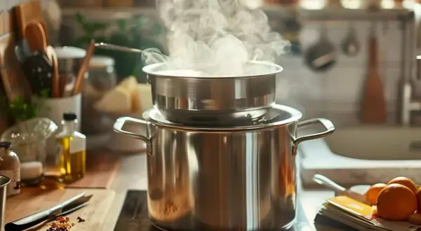 Deux casseroles en acier inoxydable sont empilées, la plus petite au-dessus de la plus grande, pour réchauffer au bain-marie. La vapeur s'échappe de la casserole supérieure.