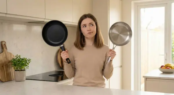 Une femme hésite entre une poêle en fonte et une poêle en inox. Quel ustensile représente un poêle en fonte danger ?