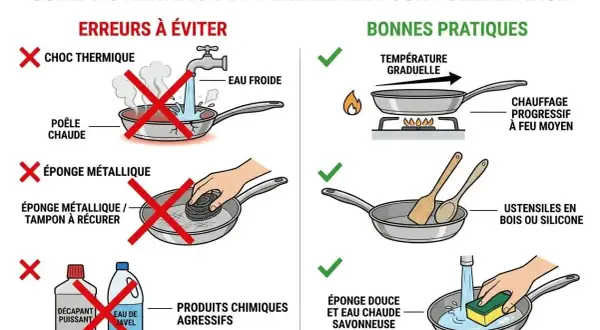 Guide d'utilisation poêle inox : éviter choc thermique, éponge métallique, produits agressifs. Danger ! Privilégier chauffe progressive, ustensiles bois/silicone, nettoyage doux.