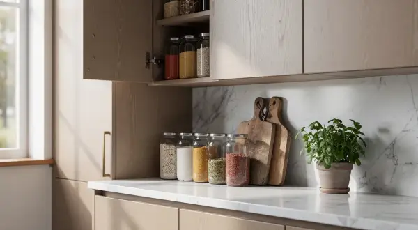 Des bocaux en verre remplis de grains et de légumineuses, parfaits pour organiser sa cuisine. Deux planches à découper en bois et une plante verte complètent la scène.