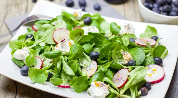 Salade verte fraîche avec radis, myrtilles et fromage frais. Une idée de quoi mettre dans une salade verte pour un repas léger et coloré.