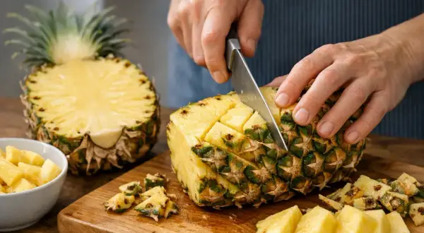 Des mains coupent un ananas en dés sur une planche en bois. Une moitié d'ananas et un bol de morceaux sont visibles. Apprenez comment couper un ananas facilement.