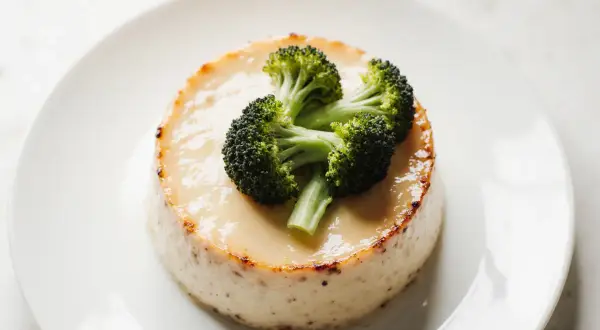Un flan de brocolis, crémeux et doré, est garni de quelques fleurettes de brocolis frais.