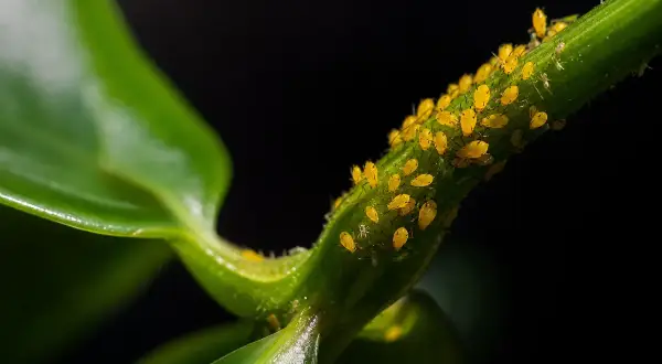 Gros plan sur une tige verte recouverte de pucerons jaunes. Une infestation qui appelle un traitement naturel.