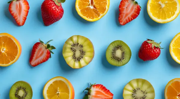 Fraises, kiwis et oranges coupés en deux, disposés en rangées sur un fond bleu. Un assortiment de fruit en p.
