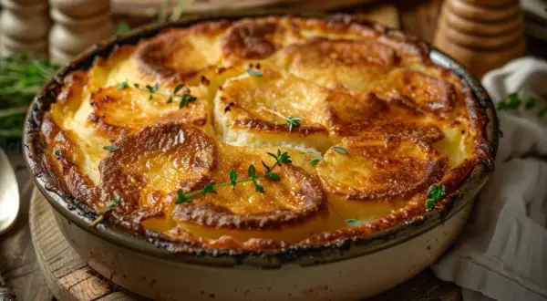 Gratin de topinambours à la poêle, doré et croustillant, garni de thym frais. Un délice réconfortant.