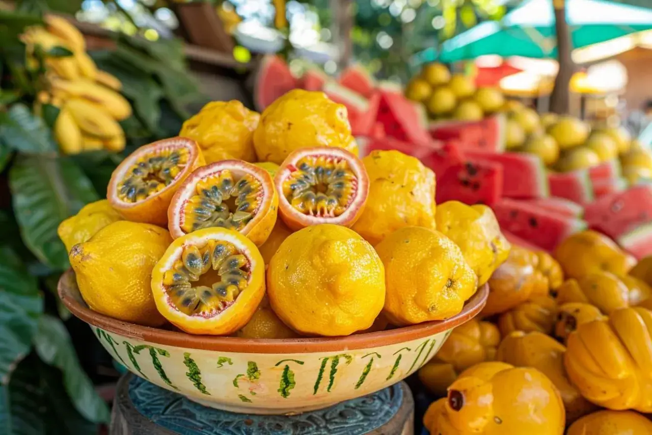 Un bol rempli de fruits jaunes, dont des fruits de la passion coupés révélant leur pulpe juteuse. Derrière, des pastèques et d'autres fruits en y.