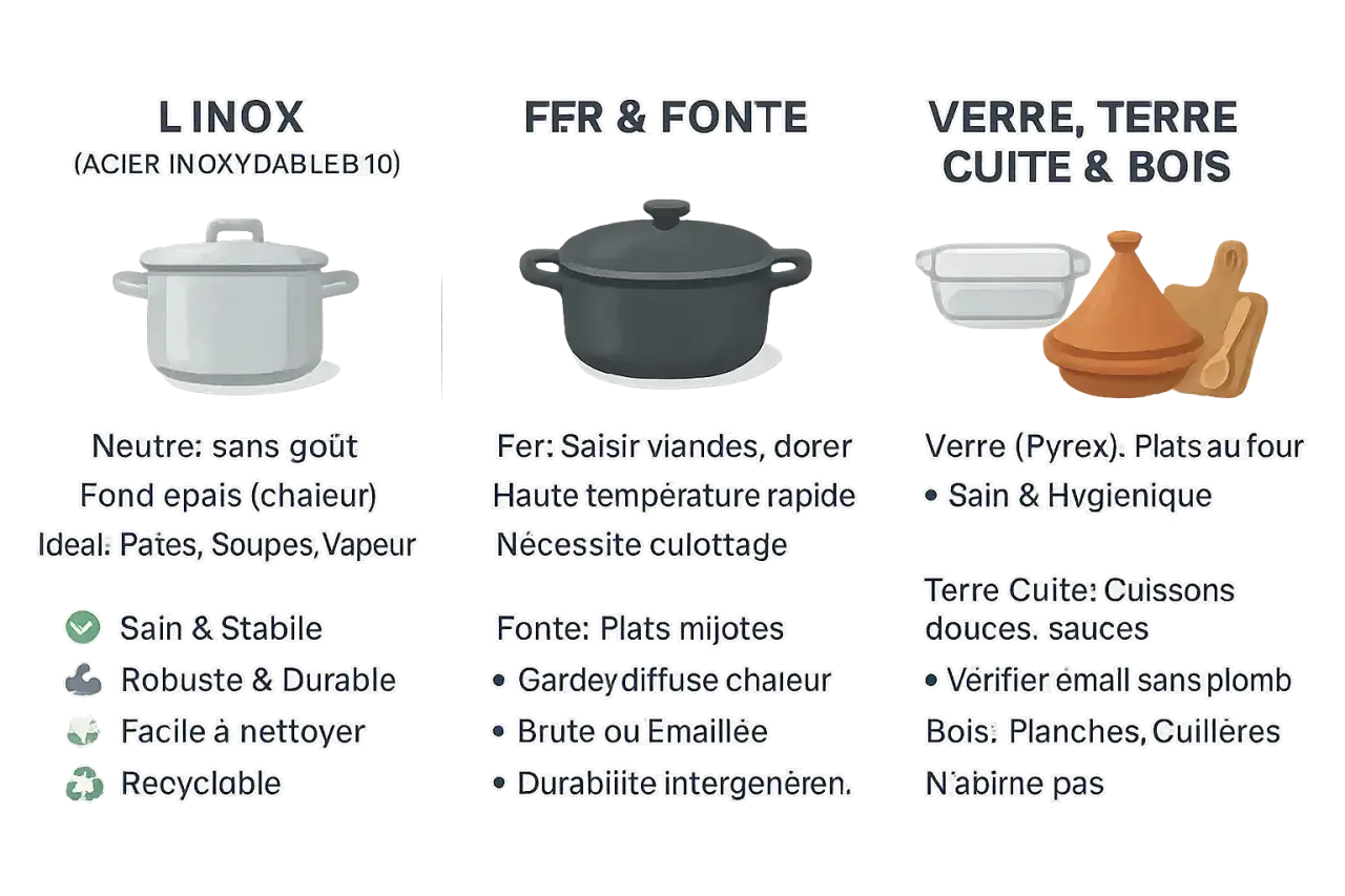 Comparaison de ustensiles de cuisine : inox, fer/fonte, verre/terre cuite/bois pour savoir quel moule choisir sans danger.