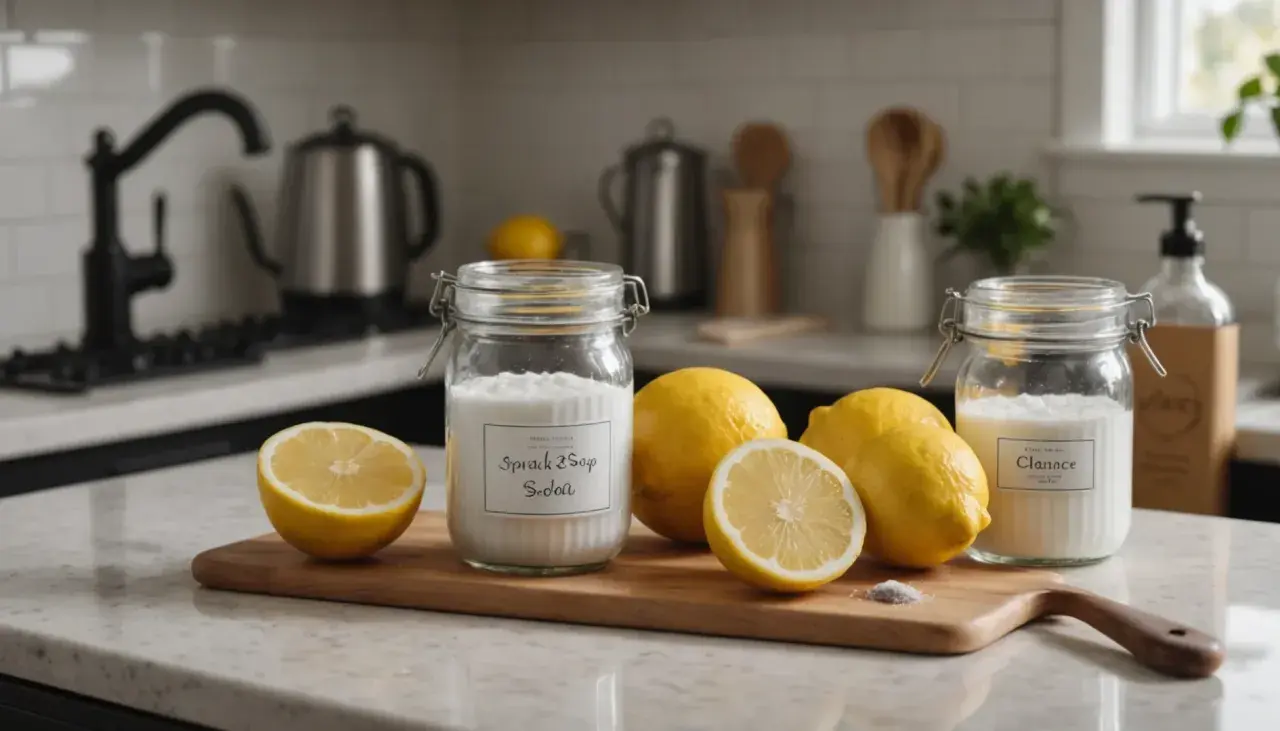 Sur un plan de travail, des citrons et des bocaux de mélange savon noir et bicarbonate de soude, prêts pour un nettoyage naturel.