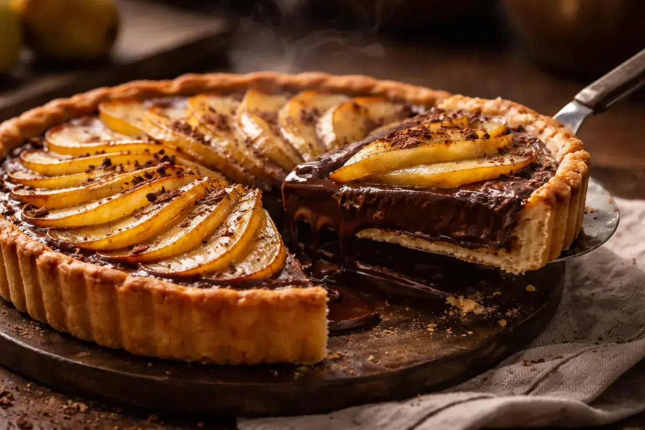Une part de tarte poire chocolat dégouline de ganache onctueuse, surmontée de fines lamelles de poire caramélisées.