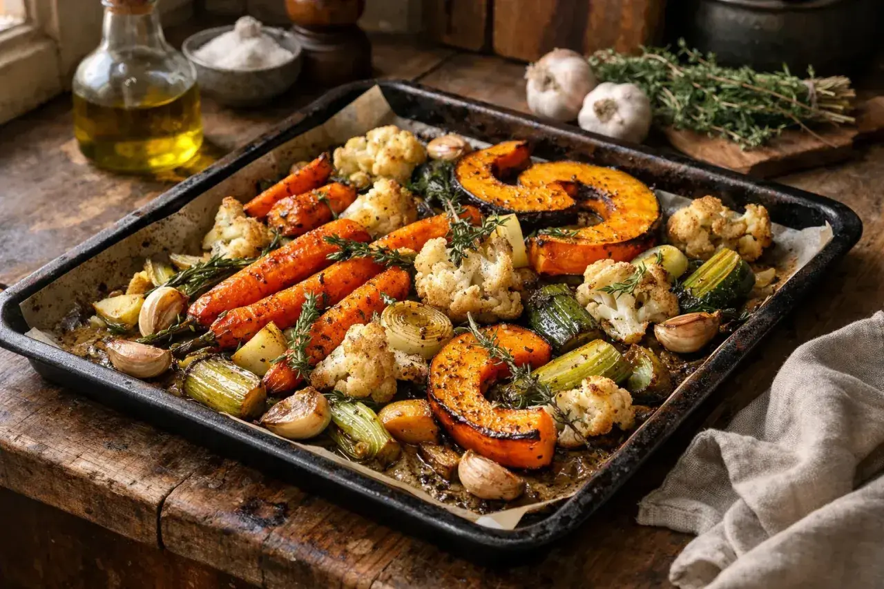 Plateau de légumes rôtis : carottes, courge, chou-fleur, courgettes et ail, parfaits pour une recette avec des légumes frais.