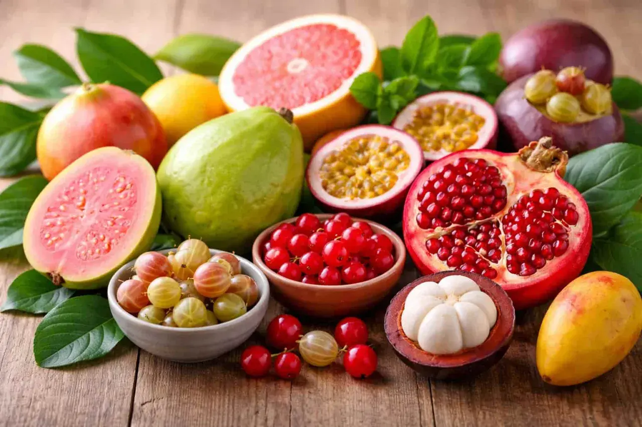 Un assortiment coloré de fruits frais, dont une grenade éclatée, des fruits de la passion, des goyaves et des groseilles, forme un festin visuel.