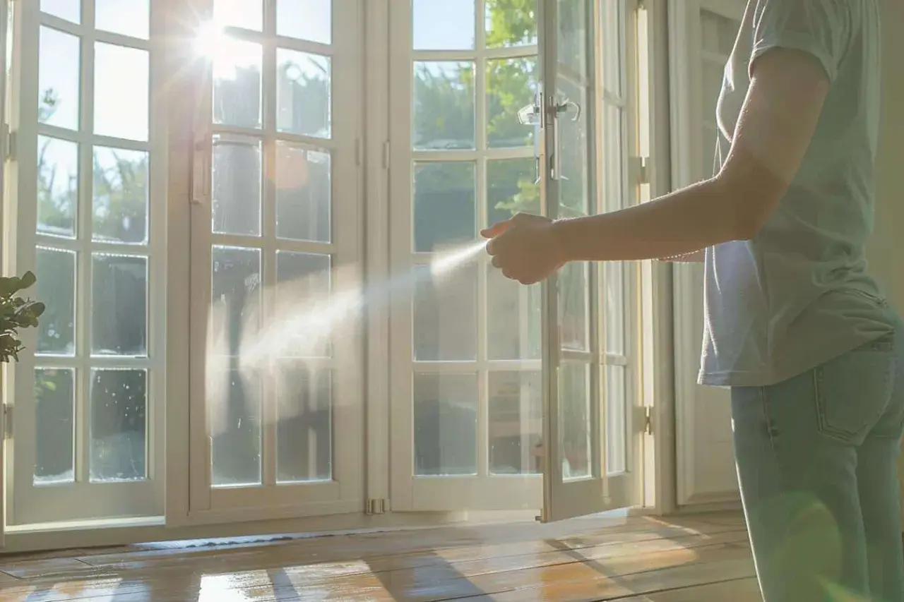 Une personne ouvre une porte-fenêtre pour aérer après avoir utilisé un insecticide. La lumière du soleil traverse les vitres.