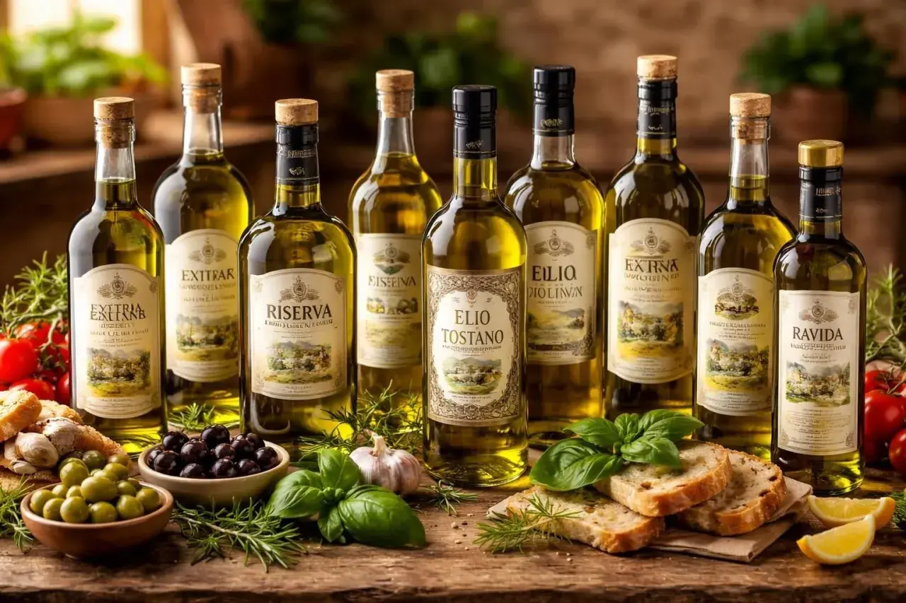 Plusieurs bouteilles d'huile d'olive, accompagnées d'olives, d'ail, de pain et d'herbes, suggèrent quelle est la meilleure huile d'olive pour sublimer ces saveurs.