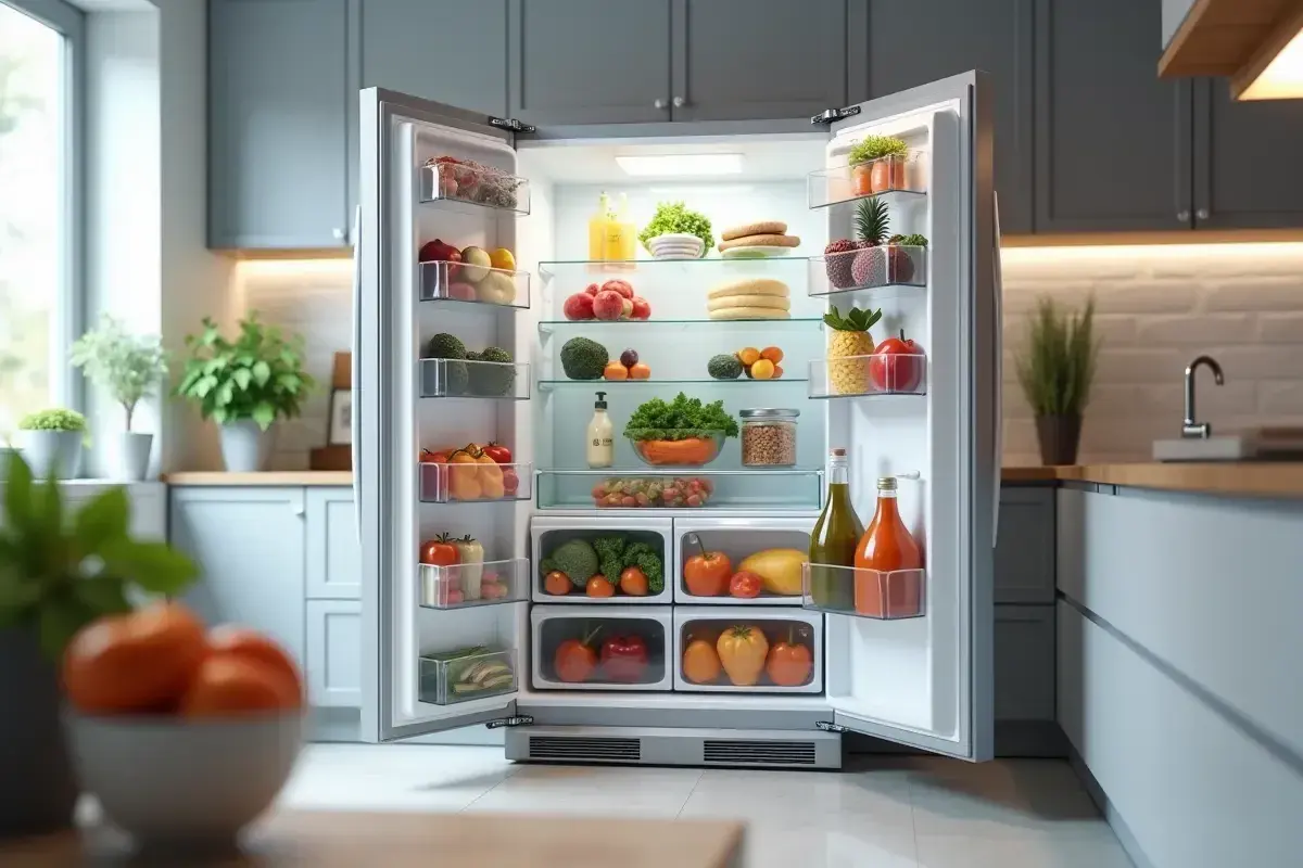 Réfrigérateur bien rempli de fruits et légumes frais, un gage de bonne durée de vie frigo et d'une alimentation saine.