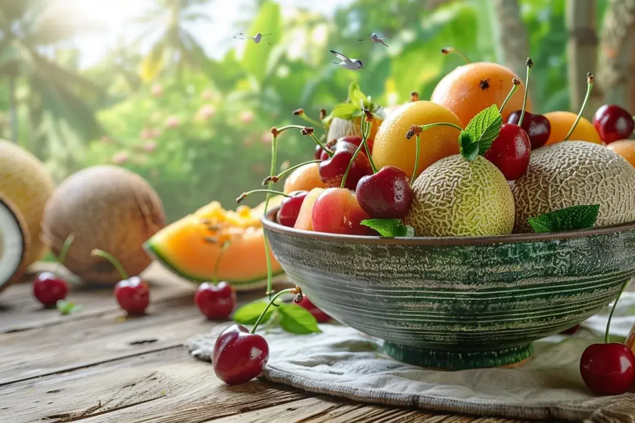 Un bol rempli de fruit en c, cerises, melons, abricots et citrons, sur une table en bois avec un fond tropical.